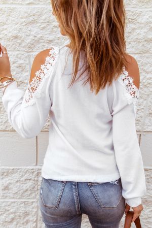 White Round Neck Lace Splicing Cold Shoulder Sweater