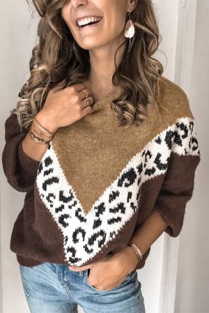 Дамски пуловер в кафяво с леопардов принт