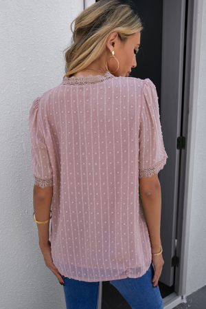 Дамска блуза в розово с къс ръкав и принт на точки