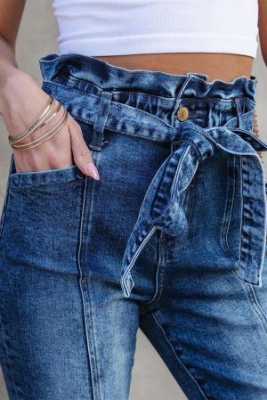 Blue Seamed Stitching High Waist Knot Skinny Jeans