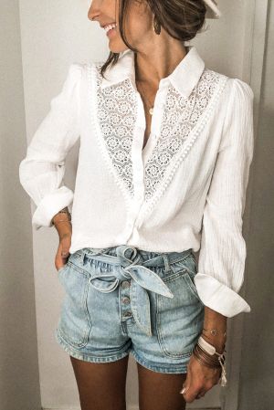 White Floral Lace Hollow-out Splicing Crinkled Shirt