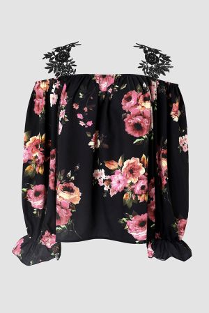 Дамска блуза в черно с ефектни презрамки с бродирани цветя