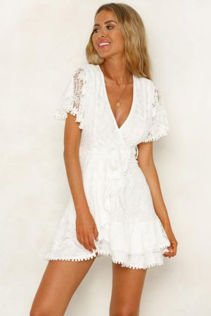 White Flutter Sleeve Wrap V Neck Floral Lace Short Dress