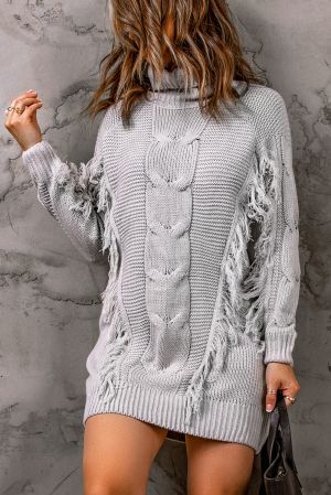Gray Twist Fringe Casual High Neck Sweater Dress