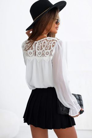 White Lace Patch Sheer Flounce Sleeve Blouse