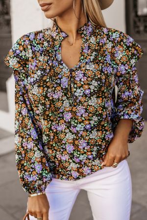 Floral Print Ruffled Bubble Sleeve Shirt