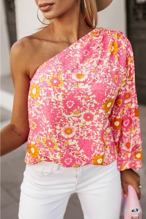 Pink Floral One Shoulder Pleated Bubble Sleeve Blouse