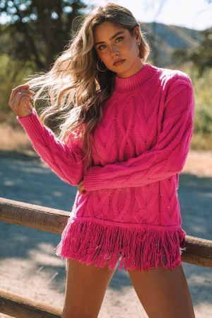 Дамски пуловер в цвят циклама, с ефектни ресни