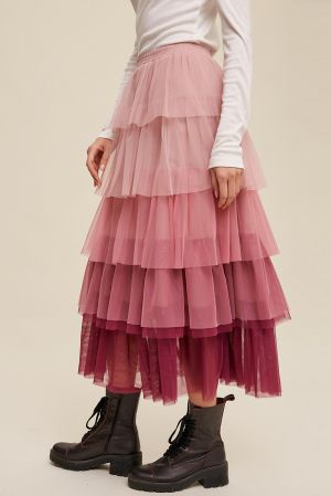 Pink Gradient Ruffle Tiered Mesh Maxi Skirt