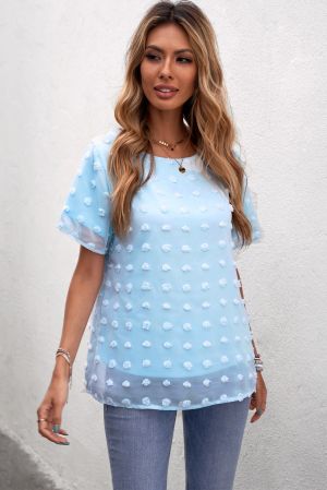 Sky Blue Swiss Dot Texture Short Sleeve Top