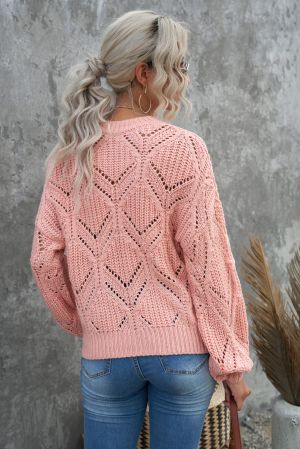 Pink Crewneck Balloon Sleeve Textured Knit Sweater