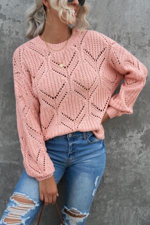 Pink Crewneck Balloon Sleeve Textured Knit Sweater