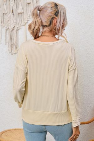 White Ribbed Texture Lace Trim V Neck Long Sleeve Top