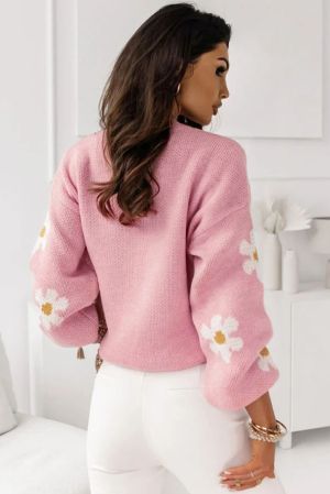 Дамски пуловер в розово с принт на маргаритки