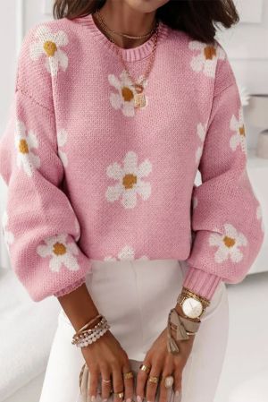 Дамски пуловер в розово с принт на маргаритки