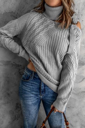 Gray Strapped Cut out Shoulder Turtleneck Sweater
