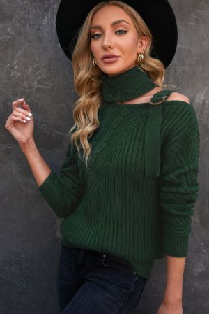 Green Strapped Cut out Shoulder Turtleneck Sweater