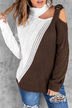 Brown Turtleneck Cold Shoulder Sweater