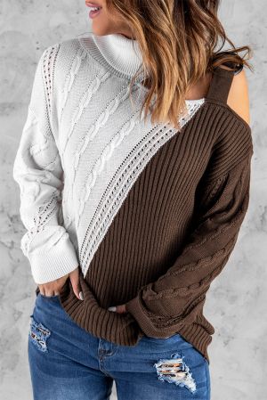 Ефектен дамски пуловер в кафяво и бяло