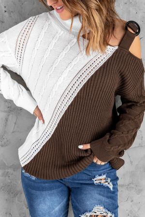 Ефектен дамски пуловер в кафяво и бяло