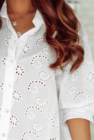 Дамска памучна рокля тип риза в бяло с дълъг ръкав