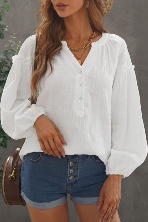 White Casual Balloon Sleeve Crinkled Top