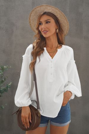 Дамска памучна блуза с дълъг ръкав тип балон в бял цвят