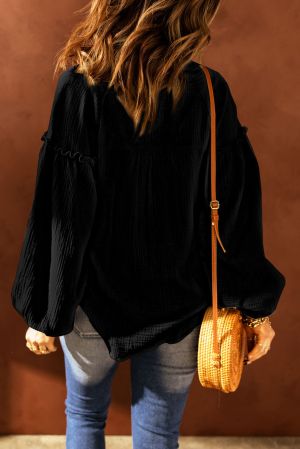 Дамска памучна блуза с дълъг ръкав тип балон в черен цвят