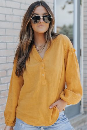 Дамска памучна блуза с дълъг ръкав тип балон в жълт цвят