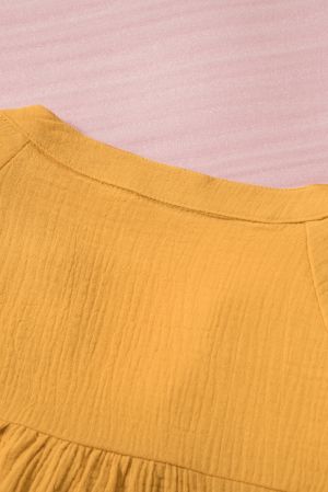Дамска памучна блуза с дълъг ръкав тип балон в жълт цвят
