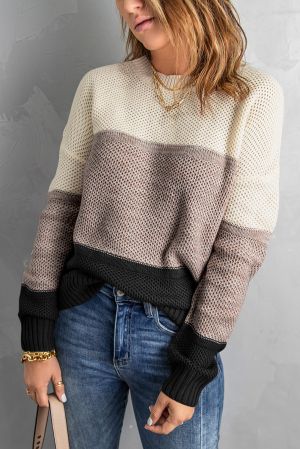 Black Color Block Netted Texture Pullover Sweater