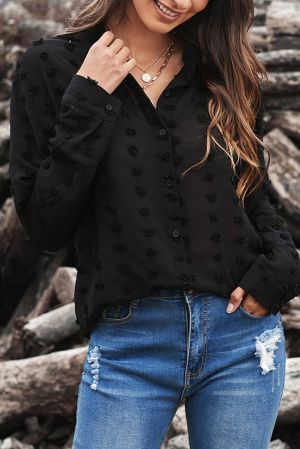 Дамска риза в черно с дълъг ръкав и принт на точки