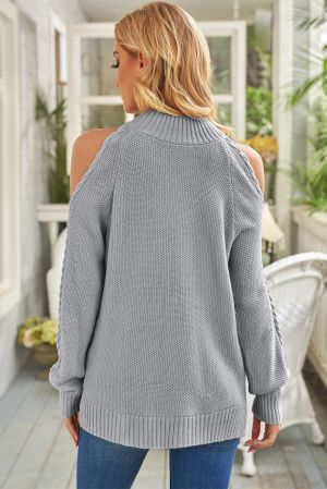 Gray Cold Shoulder High Neck Knitted Sweater