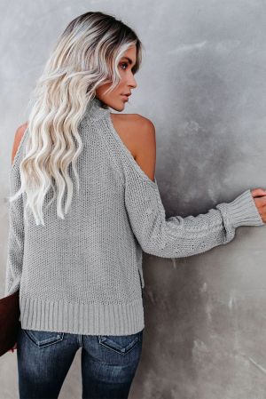 Gray Cold Shoulder High Neck Knitted Sweater