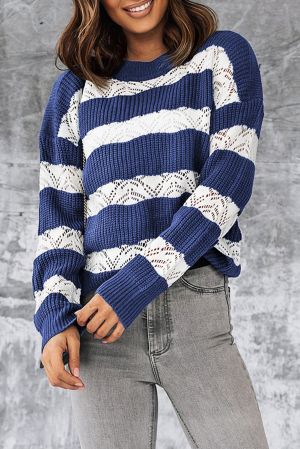 Дамски пуловер с 'color block' дизайн на райе в тъмносиньо и бяло
