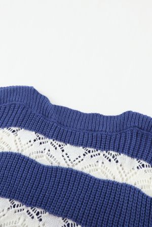 Дамски пуловер с 'color block' дизайн на райе в тъмносиньо и бяло