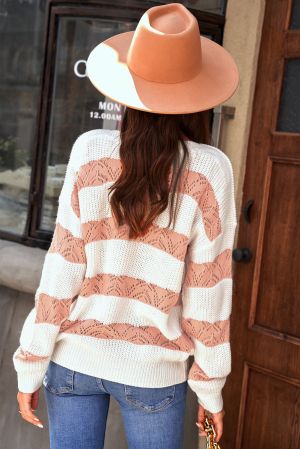 Дамски пуловер с 'color block' дизайн на райе в розово и бяло