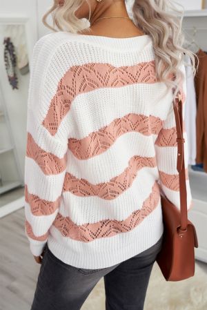 Дамски пуловер с 'color block' дизайн на райе в розово и бяло