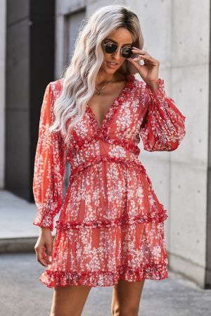 Red Ruffle Detailing Open Back Floral Dress