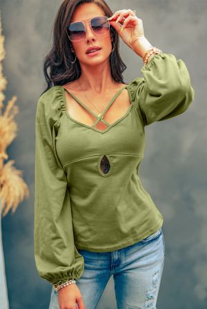 Дамска ефектна блуза в зелено с дълъг ръкав