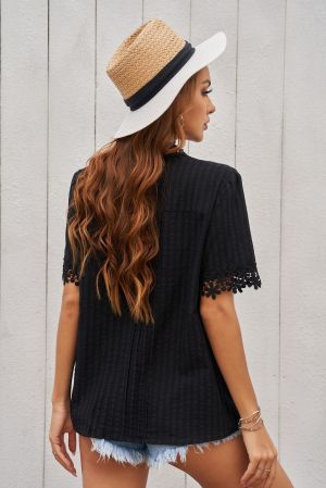 Black Crochet Hollow-out Lace Splicing Short Sleeve Top