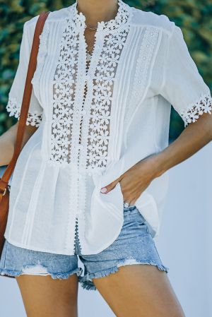 White Crochet Hollow-out Lace Splicing Short Sleeve Top