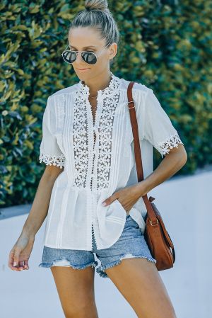 White Crochet Hollow-out Lace Splicing Short Sleeve Top