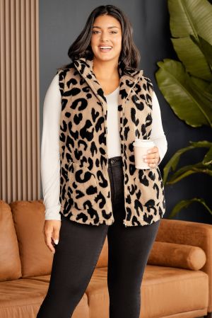 Leopard Plus Size Stand Neck Zipped Front Sherpa Jacket Vest