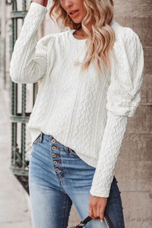 White Solid Color Puffy Sleeve Textured Knit Top