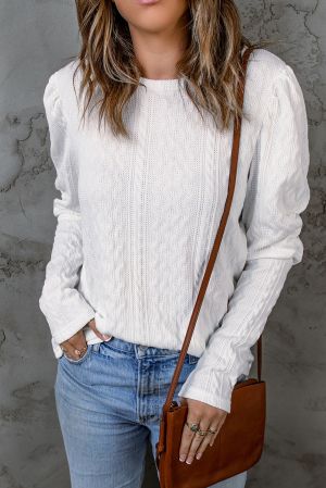 White Solid Color Puffy Sleeve Textured Knit Top