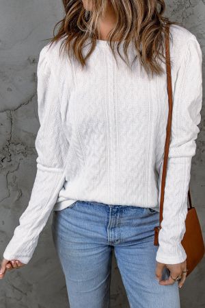 White Solid Color Puffy Sleeve Textured Knit Top