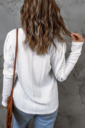 White Solid Color Puffy Sleeve Textured Knit Top