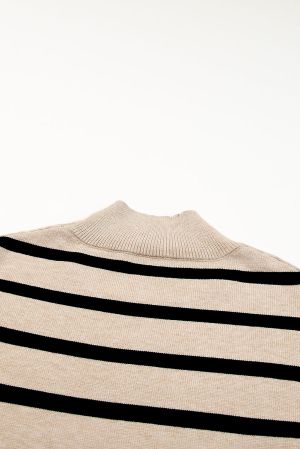 Khaki Striped Mock Neck Bell Sleeve Knit Sweater