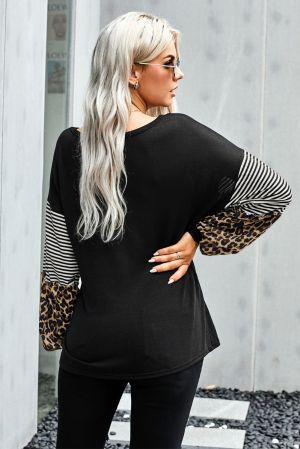 Black Leopard Striped Print Sleeve Colorblock Top